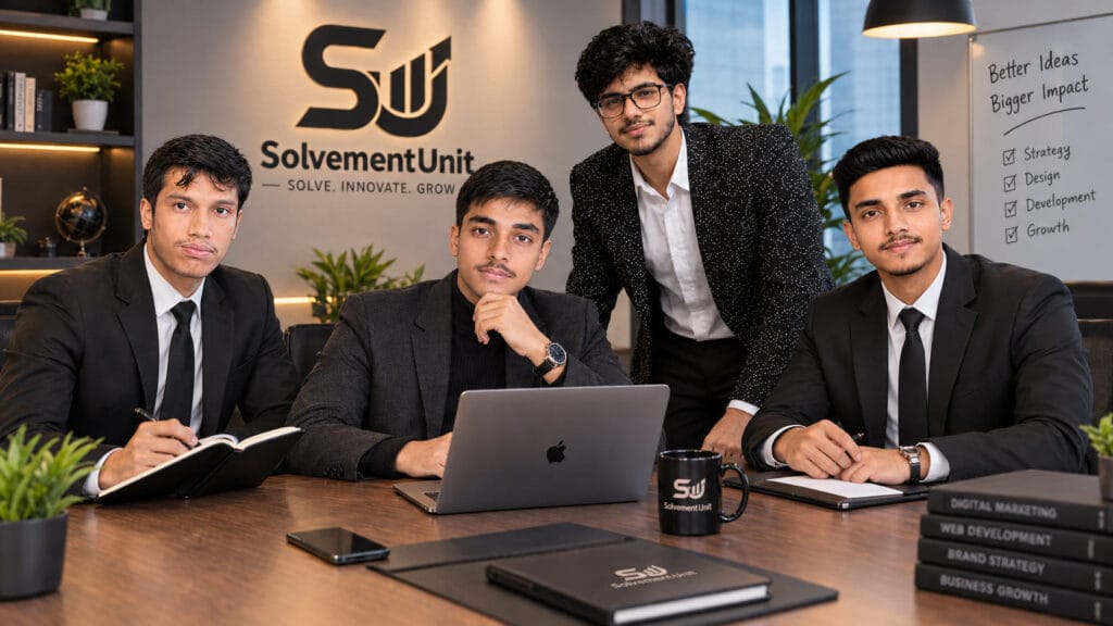 4 expert members of Solvement Unit digital agency team working in their office on web development, SEO, and digital marketing strategies.
